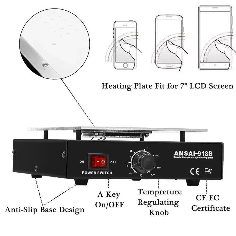 450W 耐久性のある 7 インチ電話 LCD スクリーンセパレーター、均一な吸引、取り外し電話修理機加熱温度 0 - 55