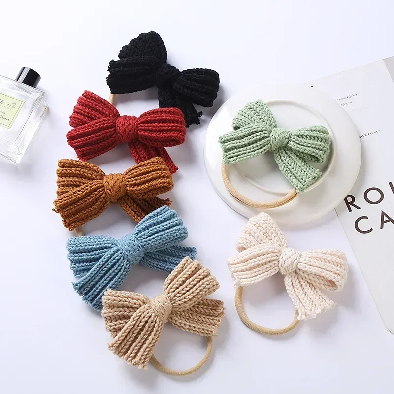1 Uds. Diadema elástica con lazo de lana tejida bonita, diadema infantil de Color sólido con lazos de ganchillo, diadema de nailon, sombreros para niños, regalo de cumpleaños