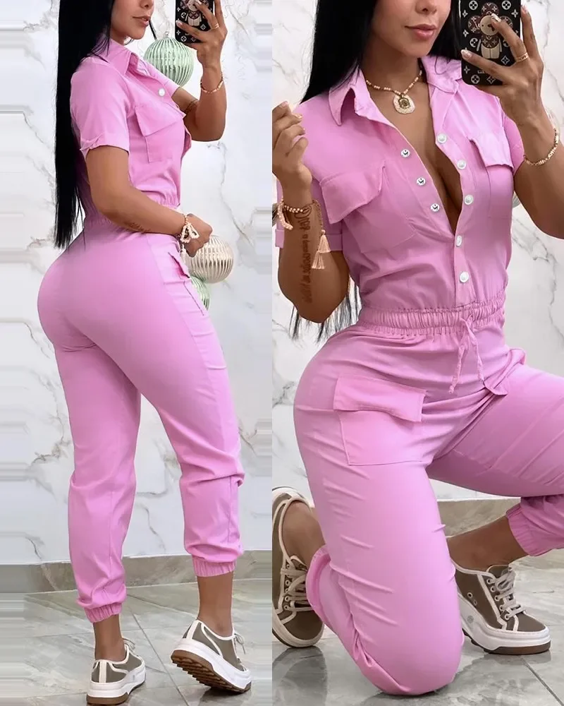 ใหม่แฟชั่นผู้หญิงทํางาน Jumpsuit แขนสั้นออกแบบเปิดลงปกเอวยางยืด Drawstring Cuffed Cargo Jumpsuit