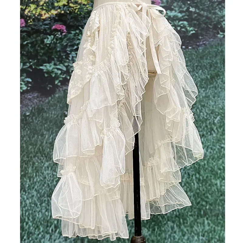 Dubbel Gelaagde Lolita Taille Gordijn Doorschijnende Cover Up Hoge Lage Rok W. Asymmetrische Ruches