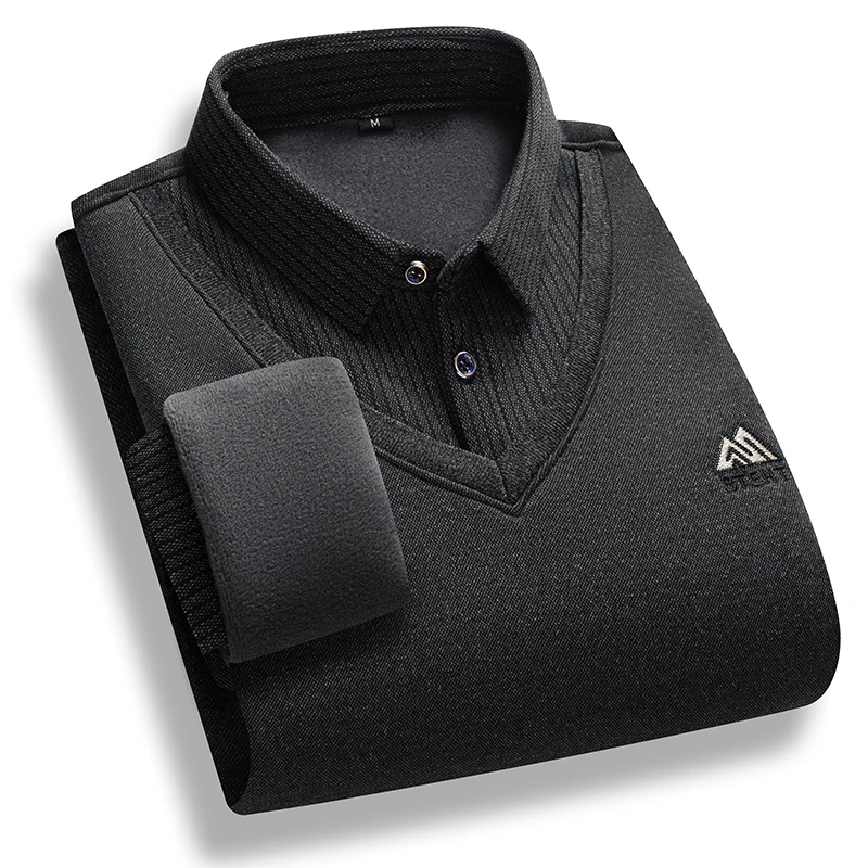 Herren-Pullover mit Fleece-Futter, Polokragen, Pullover, Oberteile, gefälschte zweiteilige Mode, Business, lässige Pullover, dicke Winterkleidung