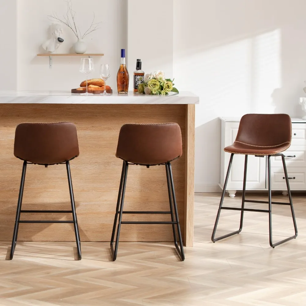 3-Piece 26 Inch Brown Faux Leather Bar Stools with Backrest – Ideal for Kitchen Island & Counter