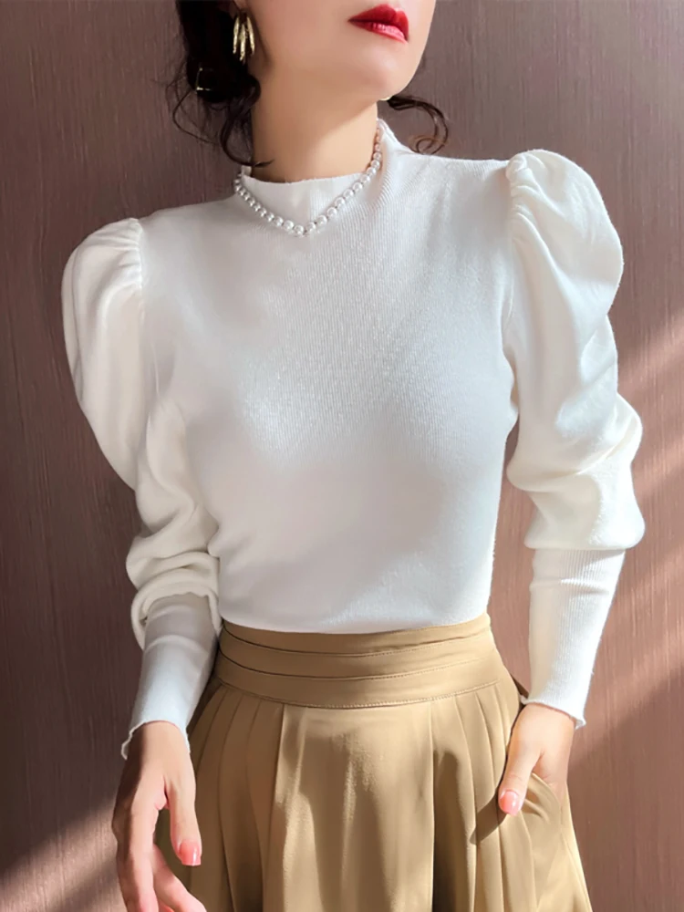 Otoño Invierno suéter de cuello alto ajustado jerseys básicos moda coreana Tops de punto manga abombada suéter para mujer jerséis elásticos