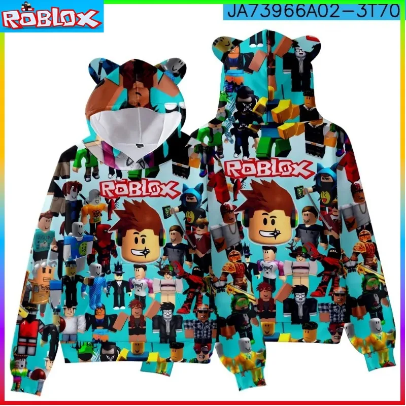 ROBLOX 子供服猫耳フード付きデジタルプリントフード付きトレーナー子供のための小さな綿子供冬 2024 ファンタジー