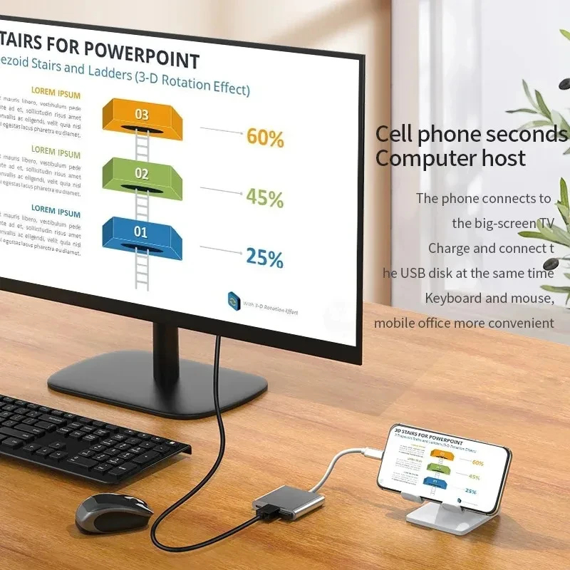 Conversor de cabo 3 em 1 compatível com USB-C para HDMI para Samsung Huawei iPad Mac USB 3.1 Tipo C para cabo adaptador 4K compatível com HDMI