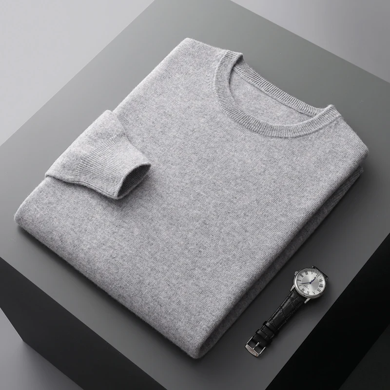 ขนสัตว์ Merino 100% เสื้อกันหนาวผู้ชาย O-คอถักเสื้อแขนยาวผู้ชาย Basic สีทึบสบายๆแฟช...