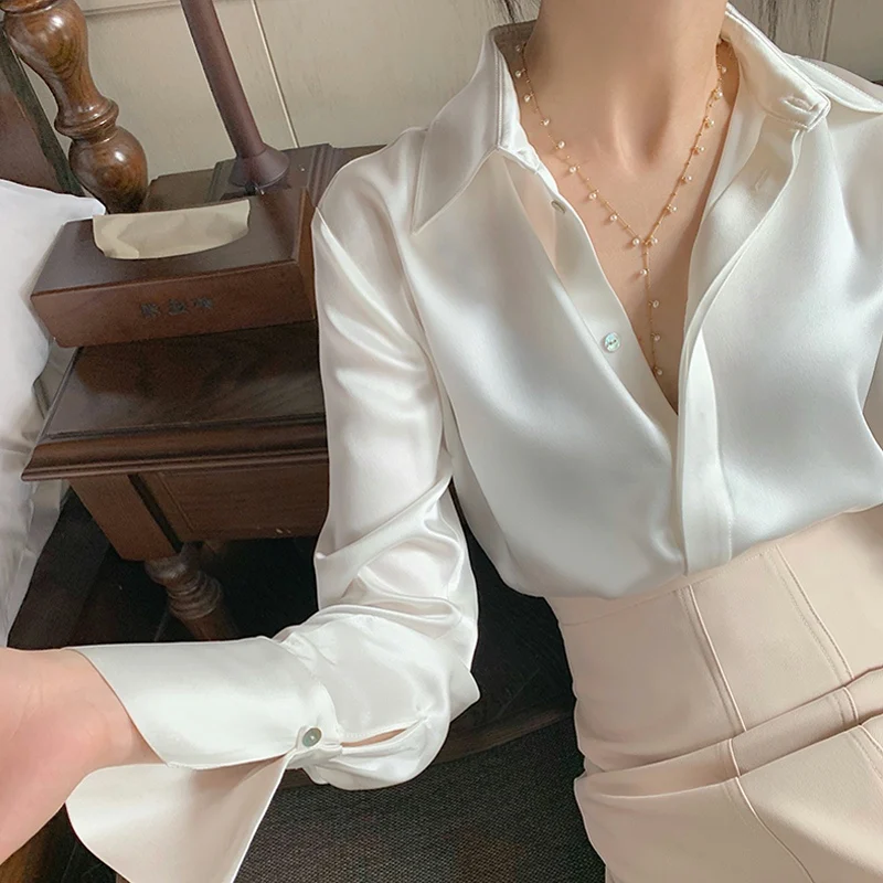 Blusa de cetim feminina manga longa moda francesa camisas de cor sólida roupas femininas de escritório camisas femininas elegantes roupas coreanas para mulheres
