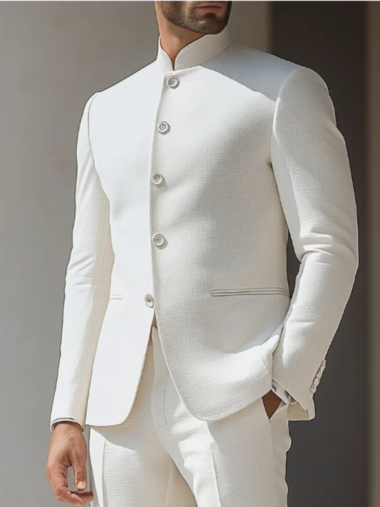 Herren Business Casual Anzug Hübscher Einfarbiger Hochzeits-Match-Blazer Mode Chinesischer Stehkragen Slim Fit Kleid Mantel