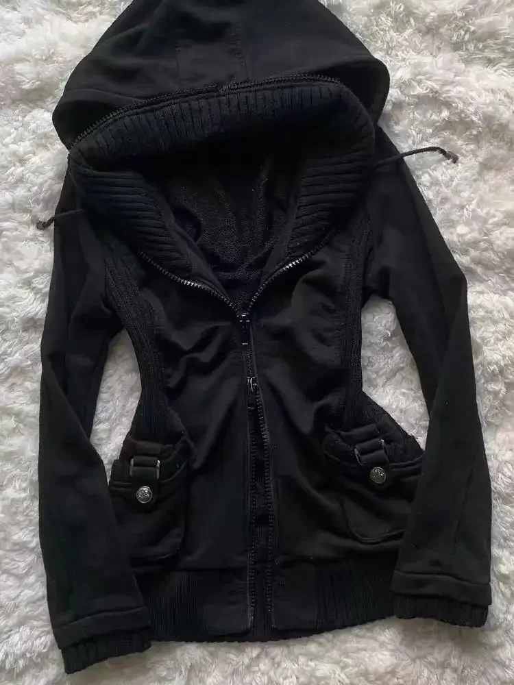 Sudadera con capucha informal para mujer, sudaderas góticas Retro, estilo Punk Hip Hop, cárdigan multifuncional de calle alta, nueva tendencia, color negro