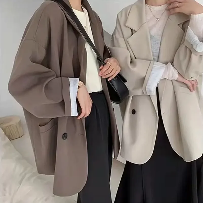 女性用長袖ブラックスーツ,特大ブレザー,韓国ルーズジャケット,ダブルブレストアウター,春コート,秋,ストリートウェア,2022