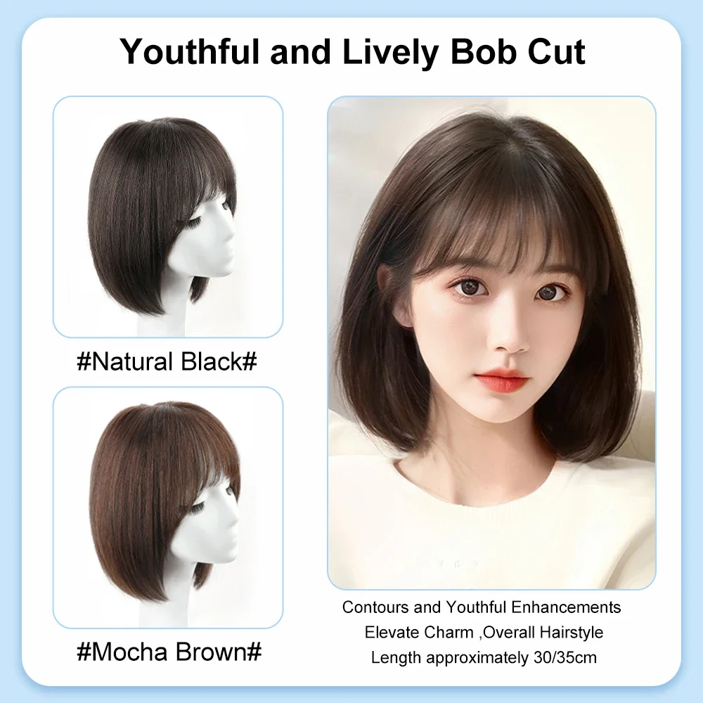 女性のための短いストレートボブナチュラルウィッグ、フリンジ付きのナチュラルブラックウィッグ、本物の髪、diyの使用