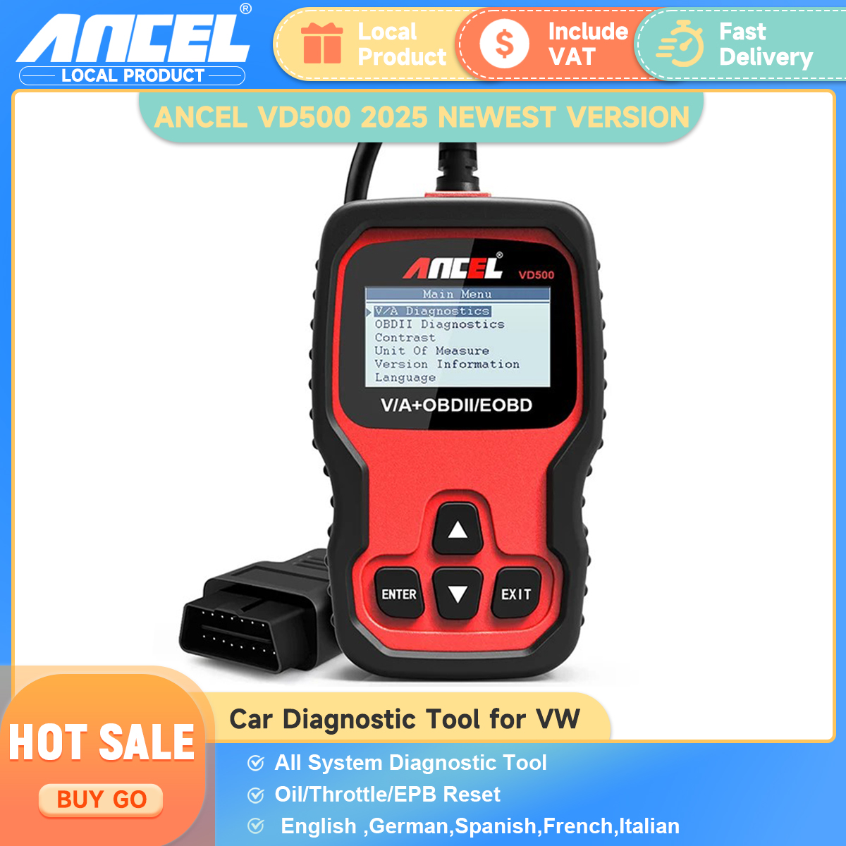 Ancel VD500 OBD2 Automotive Scanner Volledige Systeem Code Reader Airbag EPB Olie Reset OBD Auto Diagnostische Hulpmiddelen Voor VAG VW Audi Skoda