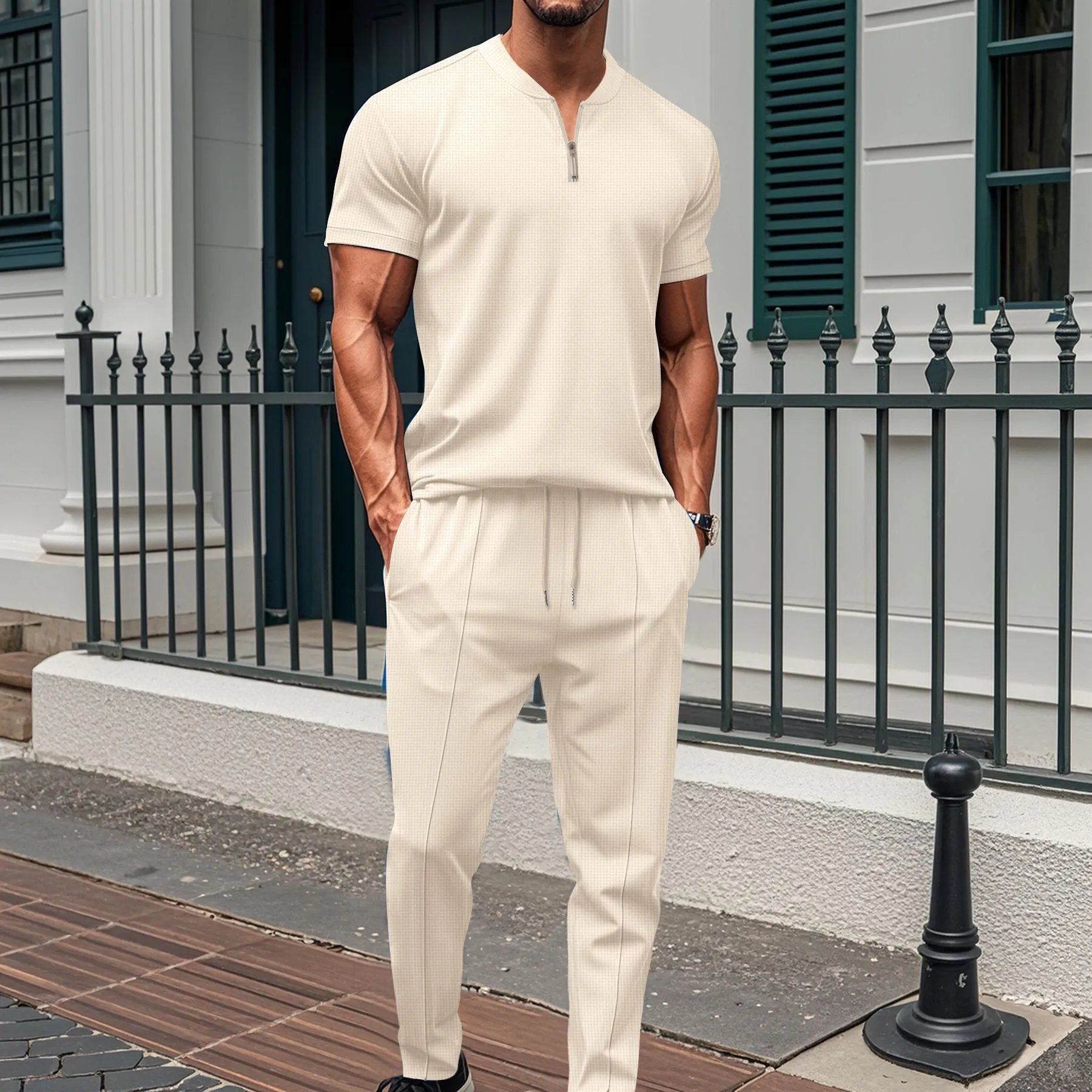 2025, neues Herren-Poloshirt mit Waffelkragen, kleinem Reißverschluss, einfarbig, Oberteil, Herren-T-Shirt, kurzärmelige Hose, zwei Sätze