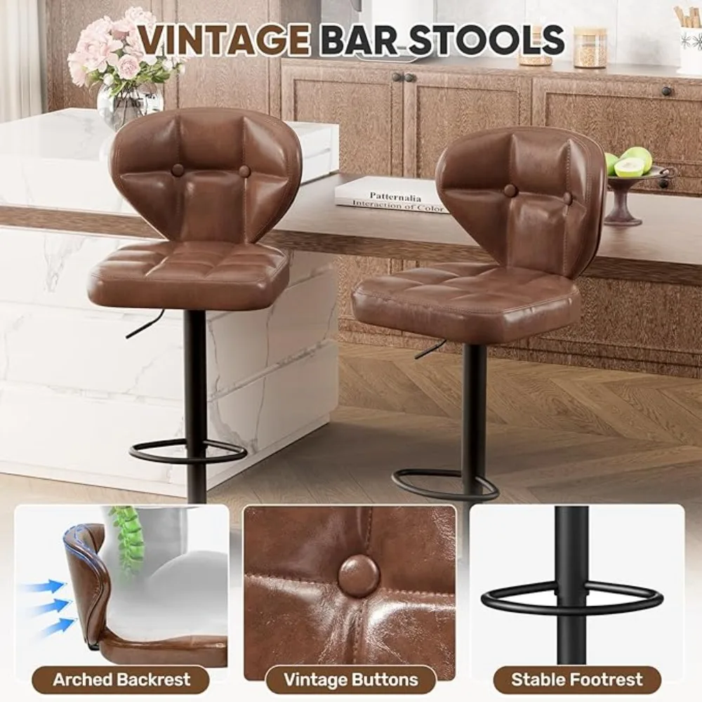Bar Stool Set of 4, Adjustable PU Leather Upholstered Swivel Bar Chairs, Counter Height Barstools with Backrest, Bar Stool
