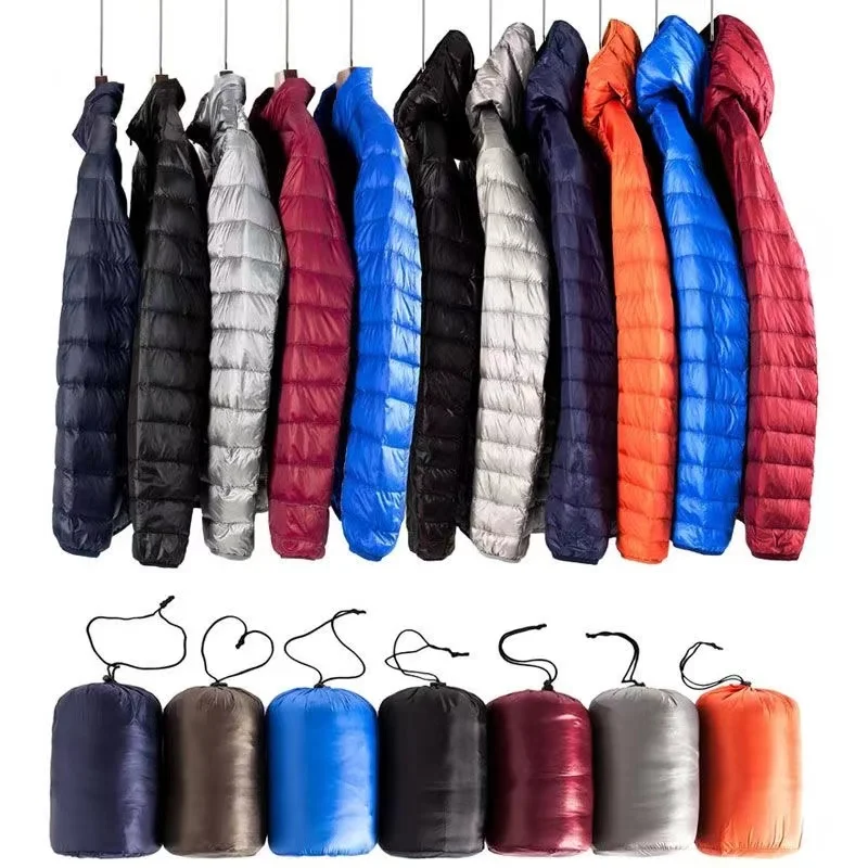 0-10 ℃   Jaqueta de inverno masculina ultra leve pato para baixo jaquetas portátil com capuz puffer pena fina parkas à prova de vento casaco 5xl