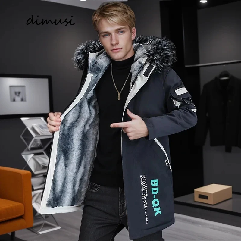 DIMUSI Winter männer Mid-Lange Parkas Mäntel Männlichen Thermische Mit Kapuze Jacken Männer Klassische Pelz Kragen Fleece Liner Gepolsterte Jacke kleidung