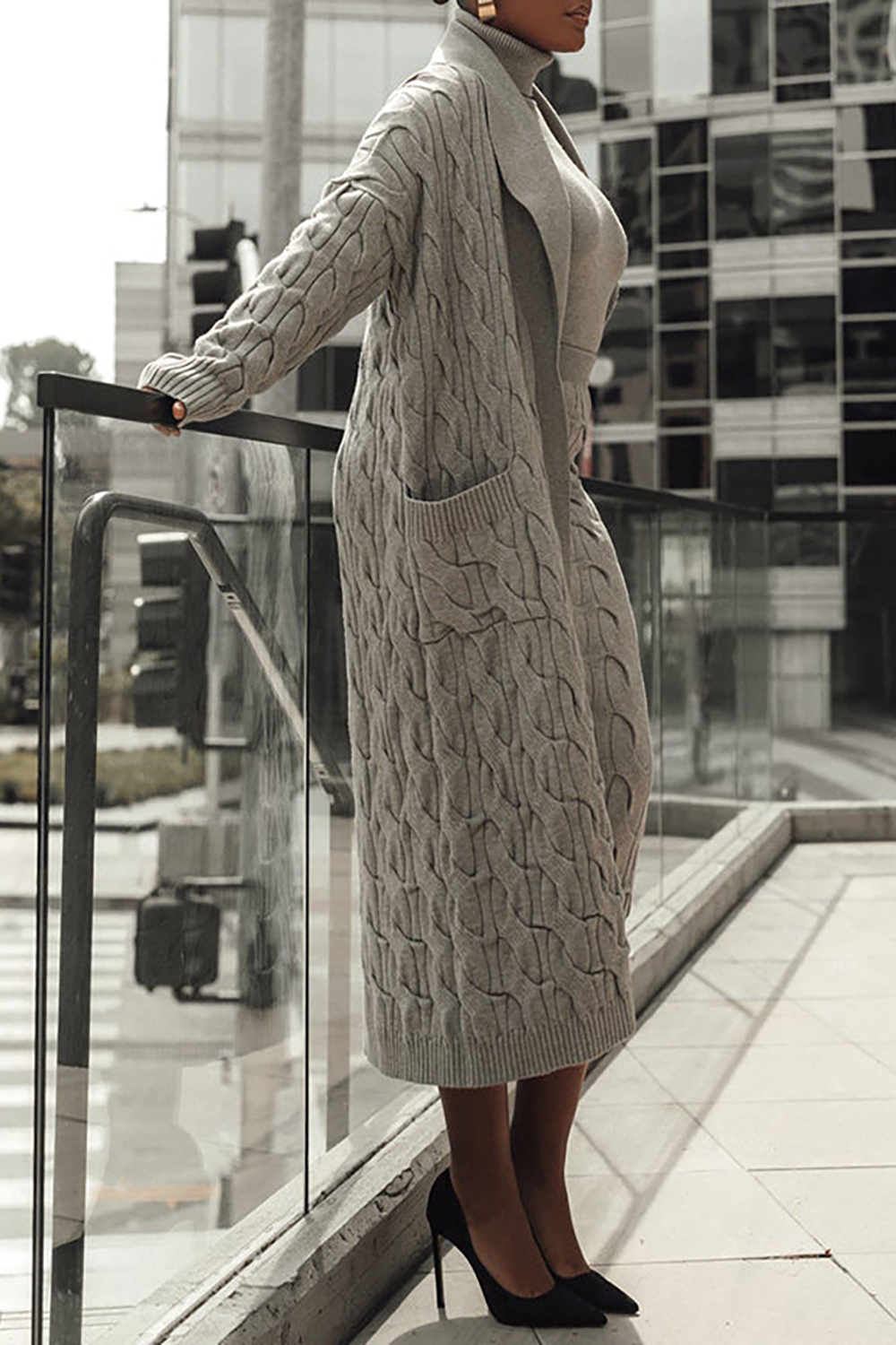 Plus Size Mulheres Outono Inverno Cardigan Diário Ash Cable Knit Cardigan Com Bolso Duplo