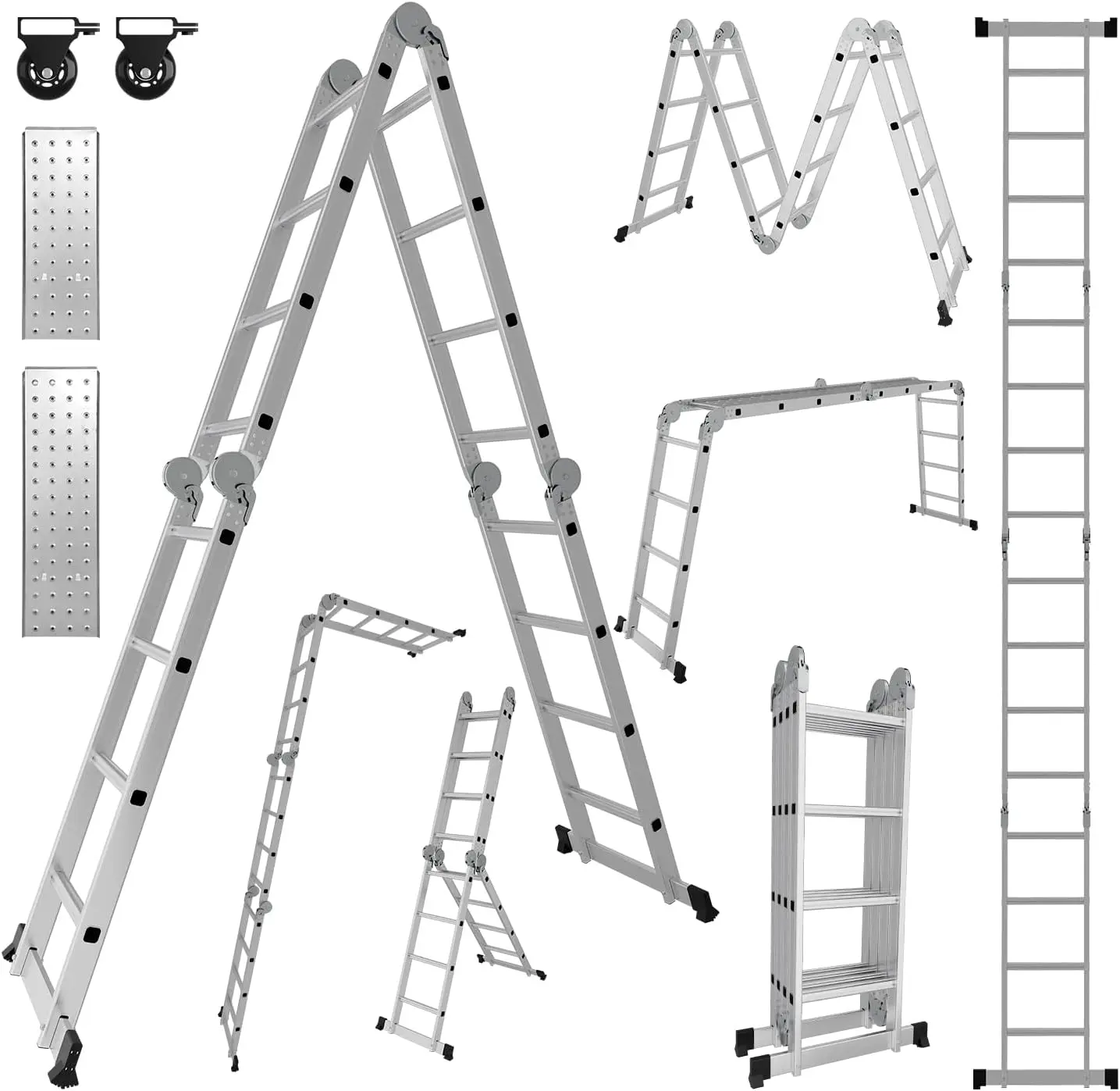 Escalera Multiusos de 4 x 4 peldaños, 4,7 m, 7 en 1, de Aluminio, hasta 150 kg, con 2 Ruedas de Transporte y 2 Plataformas, Esc