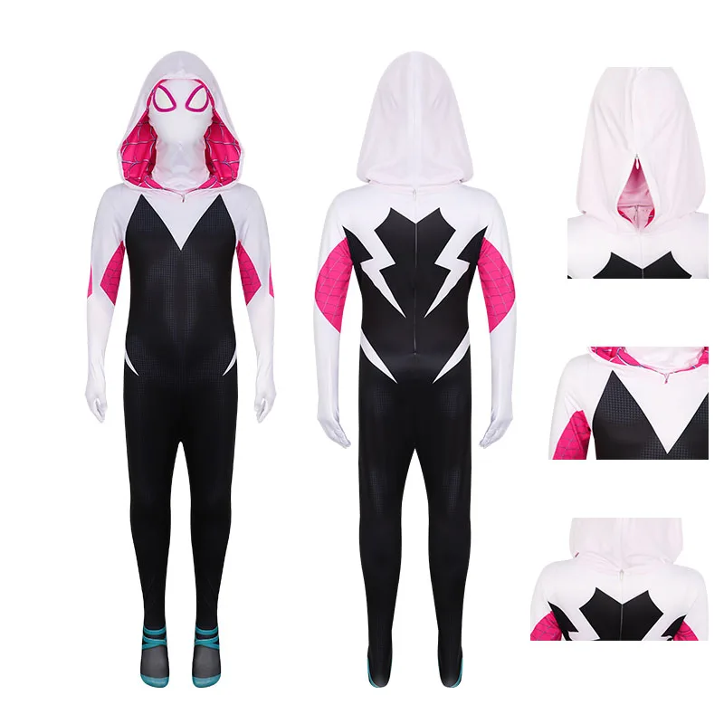성인 어린이를위한 Gwen Stacy 코스프레 바디 슈트 의상 할로윈 Zentai 3D Spider Gwen with Mask Jumpsuit