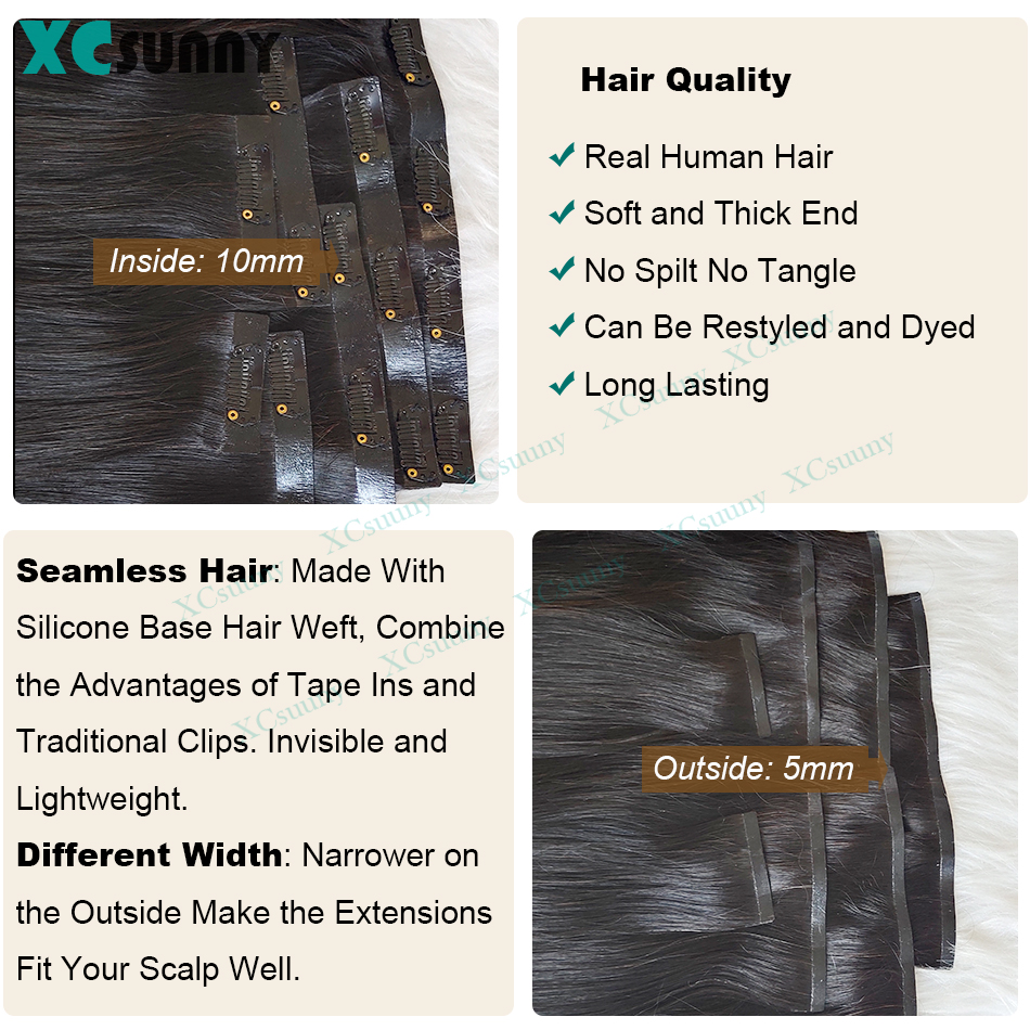 Clip droit sans couture Ins cheveux humains pince en polyuréthane dans les Extensions de cheveux cheveux humains Double dessiné peau trame pince pour les femmes 100g-240g