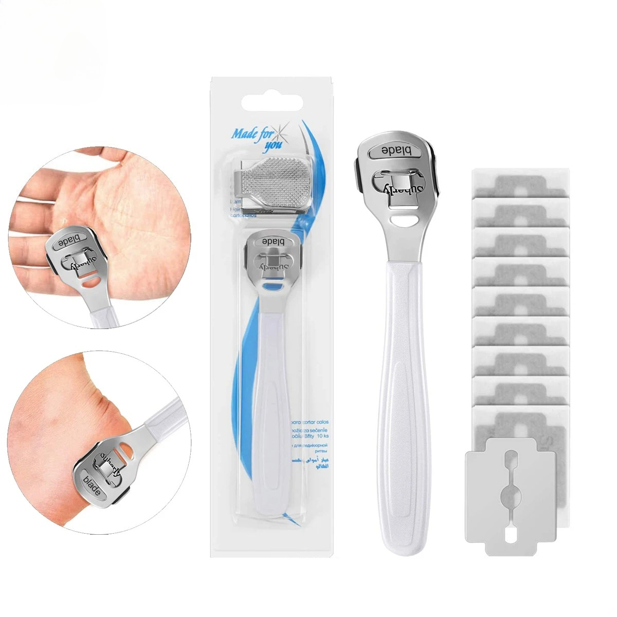 Foot Callus Shaver Heel Hard Skin Remover Hand Feet Pedicure Razor Tool Shavers Stainless Steel Handle 10 Blades Foot Care Tools