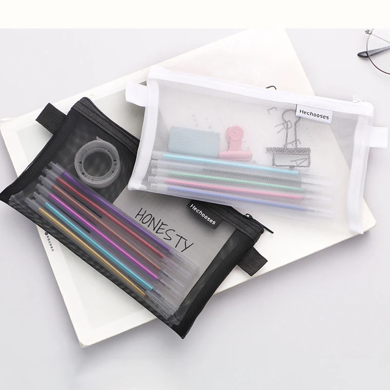 1pc-Zipper mesh pencil case, multifunctional stationery storage bag, used for cosmetics, makeup, travel accessories