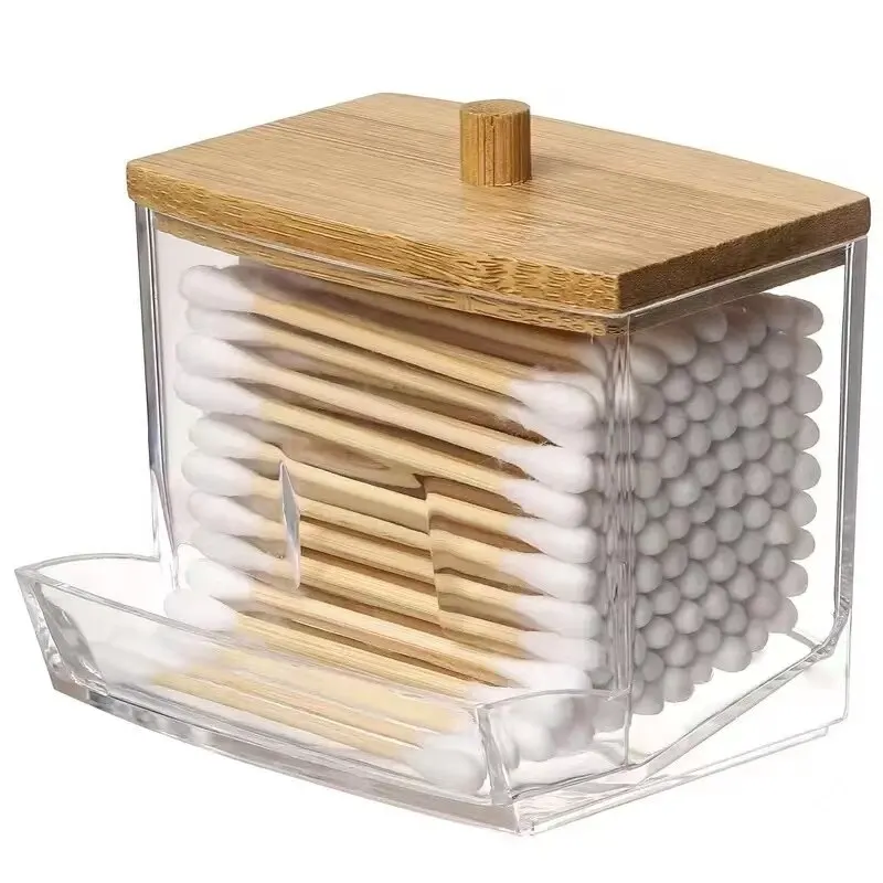 Caixa de cotonete de algodão-capa de bambu transparente à prova de poeira cotonete caixa de armazenamento de palito de dente dispensador visível multiuso
