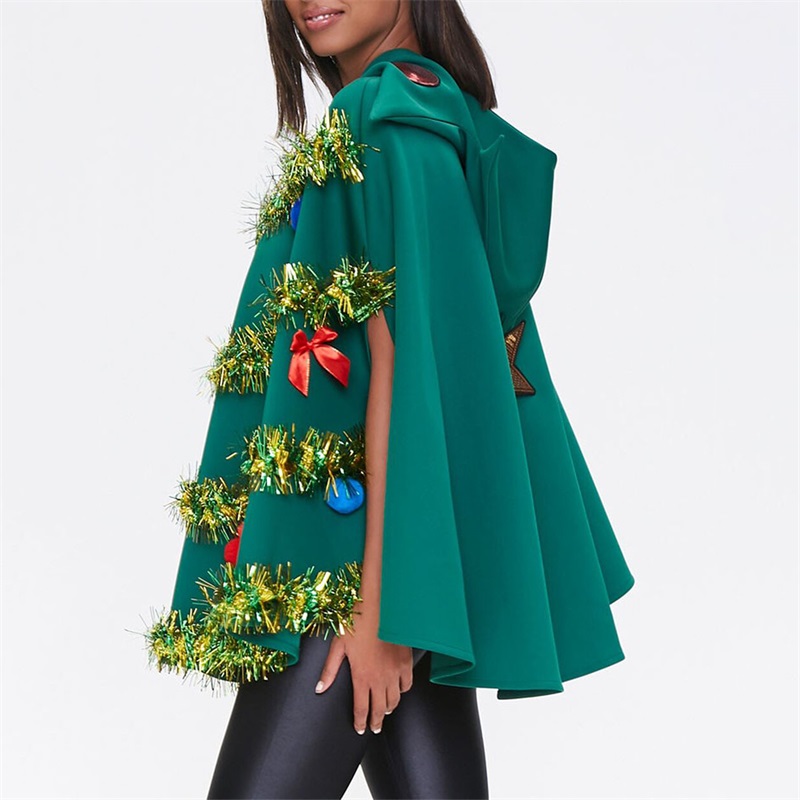 Weihnachtsbaum-Poncho-Kostüm für Erwachsene, Damen und Herren, Schleife, Ball-Dekor, Kapuzenumhang, Umhang, Party-Requisite für Cosplay-Party, Rollenspiele 2024