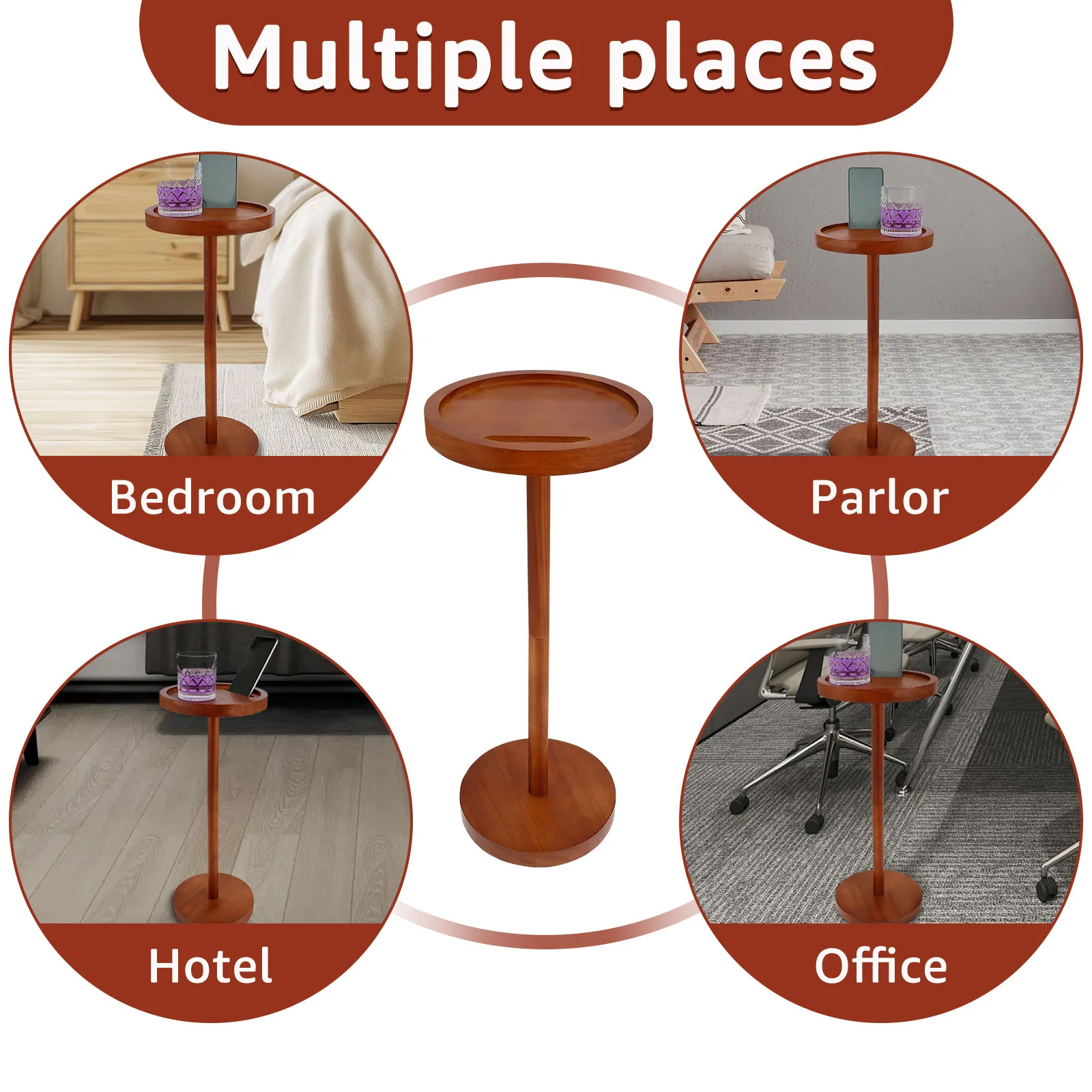 Mesas de centro pequenas redondas de madeira com suporte para telefone, mesas de canto para sofá com base espessada, mesa de centro, móveis para sala de estar