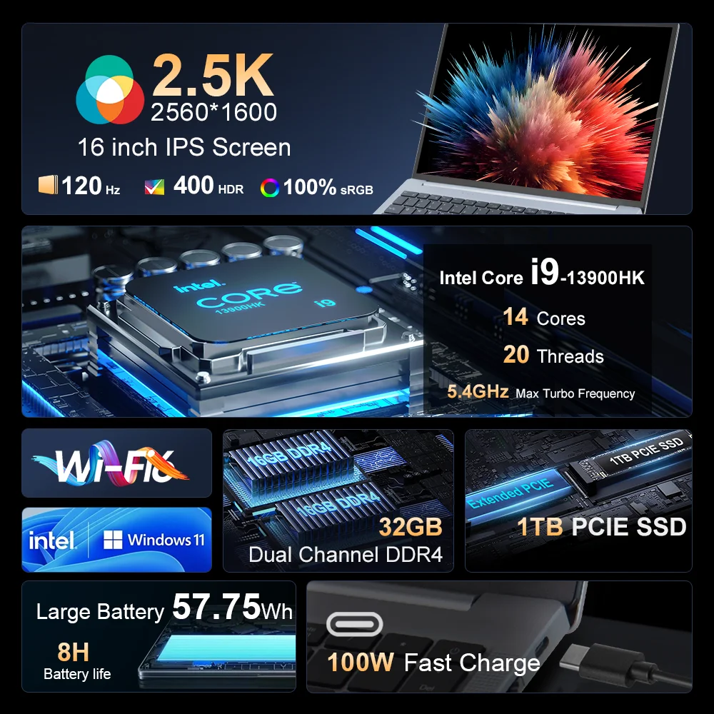 Ninkear N16 Pro Laptop 32GB 1TB Intel Core 19-13900HK 16'' 2.5K IPS 120Hz Computer da gioco 57.75Wh Notebook con sblocco delle impronte digitali