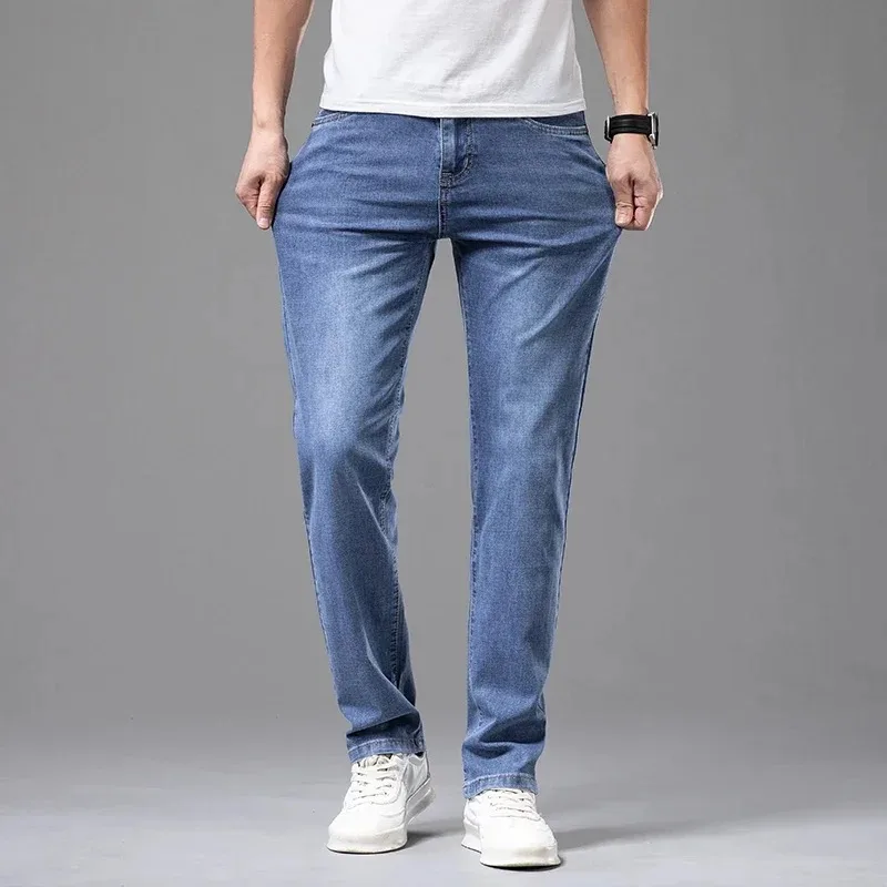 Pantalones vaqueros elásticos de verano para hombre, moda gris, cómodos, rectos, elásticos, de algodón, informales, de marca, finos