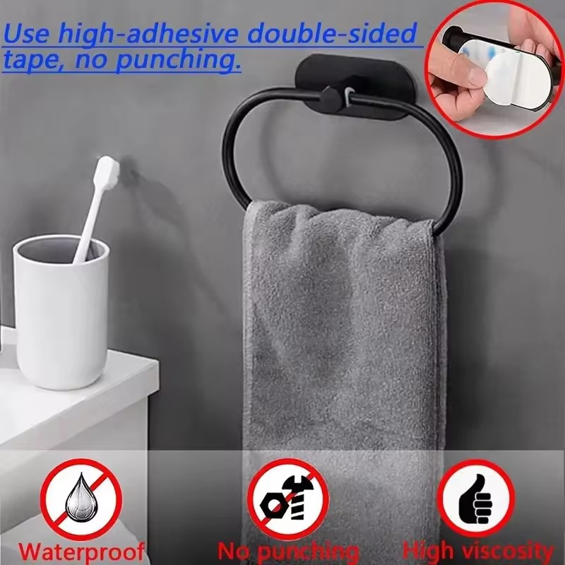 Porte-serviettes auto-adhésif en acier inoxydable T1, porte-serviettes noir, barre de rail d'anneau, accessoires de rangement de cuisine