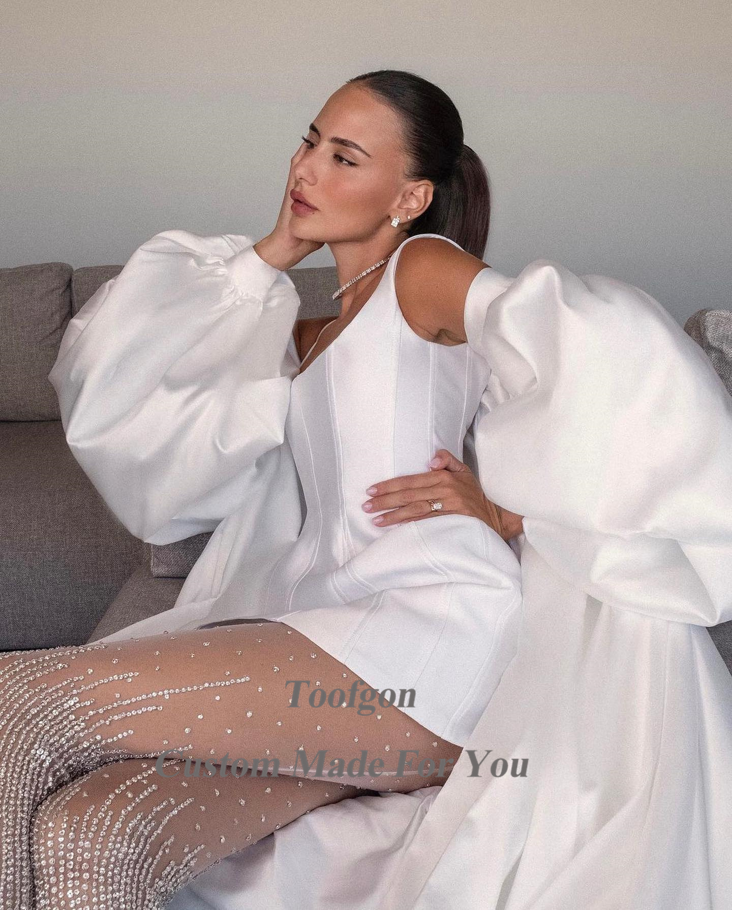 Toofgon 2 Pieces Satin Mini Bride Dress For Wedding Long Sleeves Wrap Formal Bridal Gowns Scoop Wedding Dressesmariée Customized