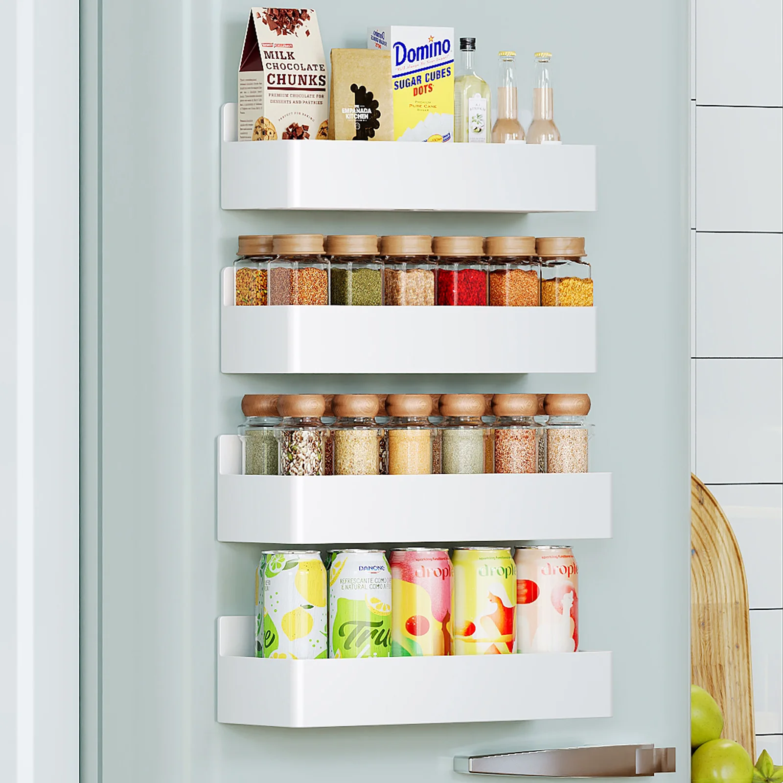 4PCS Magnetic KITCHEN ชั้นวางพลาสติกสีขาวตู้เย็นด้านข้าง Organizer เครื่องเทศเครื่องปรุงรส Racks ในครัวเรือน Multi-Function อุปกรณ์เสริม