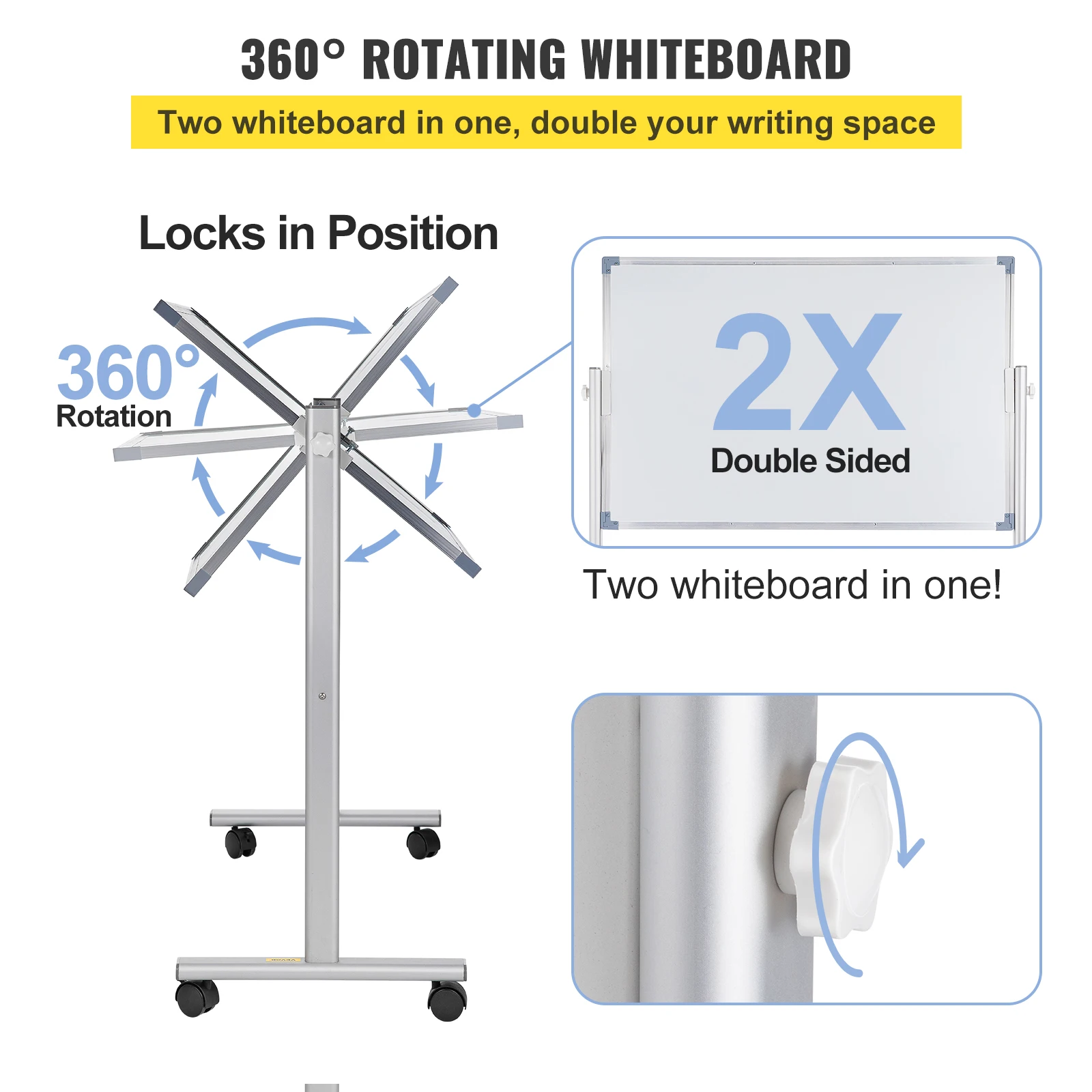 VEVOR Mobile Magnetic Whiteboard 36 x 24 Inch Double Sided 360 Degree Reversible Rolling Dry Erase Board Height Adjustable