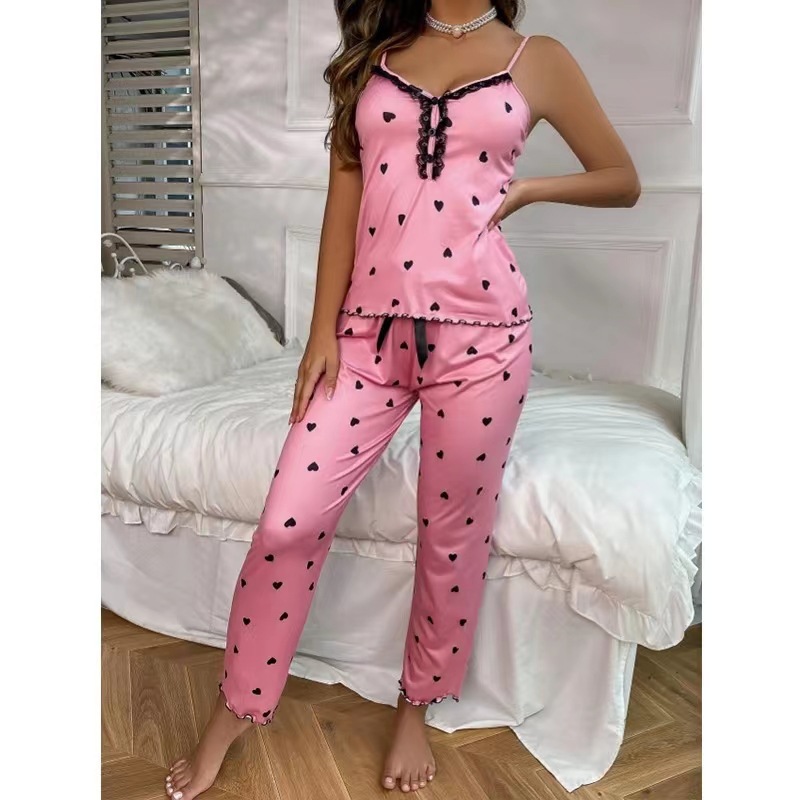 Sexy Frauen Herz Gedruckt Spitze Homewear Sommer Pyjamas Sets Ärmellose Satin Pijama Abgeschnitten Tops Und Hosen