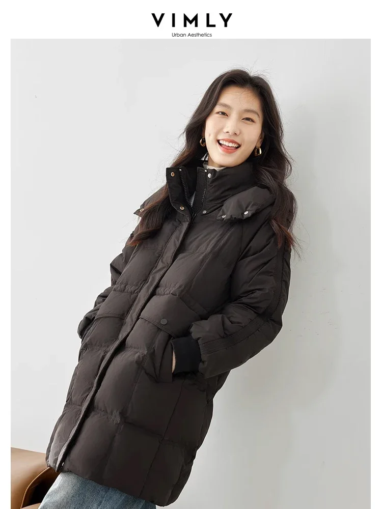 Vimly-abrigos negros con capucha y cremallera para mujer, chaquetas largas gruesas y cálidas para invierno, ropa informal recta a prueba de viento para mujer 2024 50618