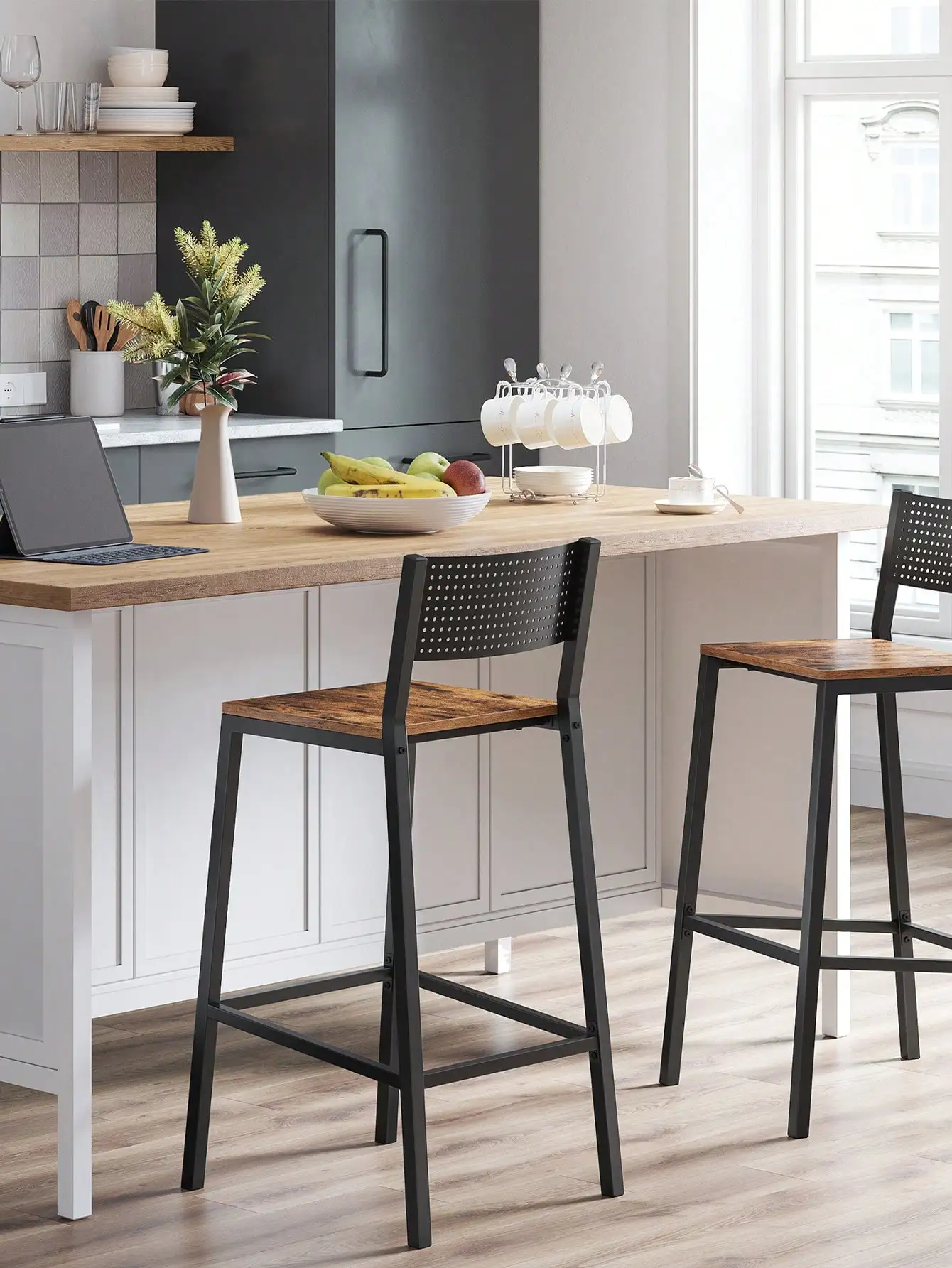 Sedia da cucina per colazione VASAGLE, Set di 2, sedia da bancone, cucina/pranzo/ufficio, stile industriale, marrone rustico/nero