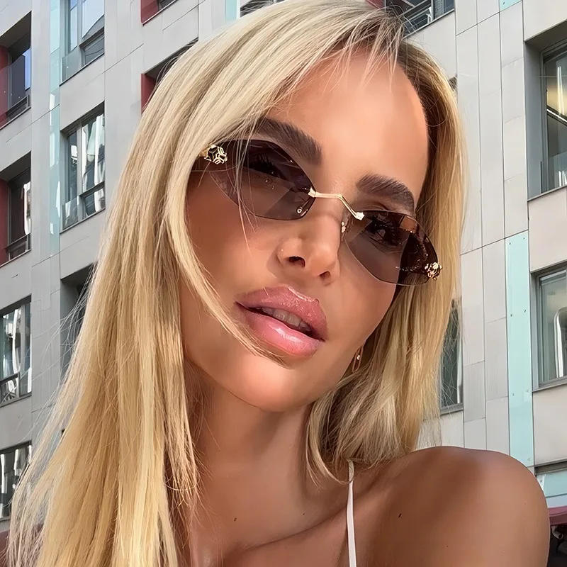 Frameless Cut Edge Sunglasses Diamond Shaped Personalized Leopard Sunglasses UV Resistant Small Frame UV400 Sunglasses New