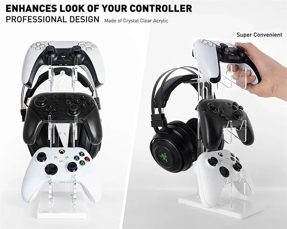 GAMINJA Acrylic Clear Controller Display Stand Compatible with PS5 PS4 Nintendo Switch Xbox Game Controller Holder Headphone Hol
