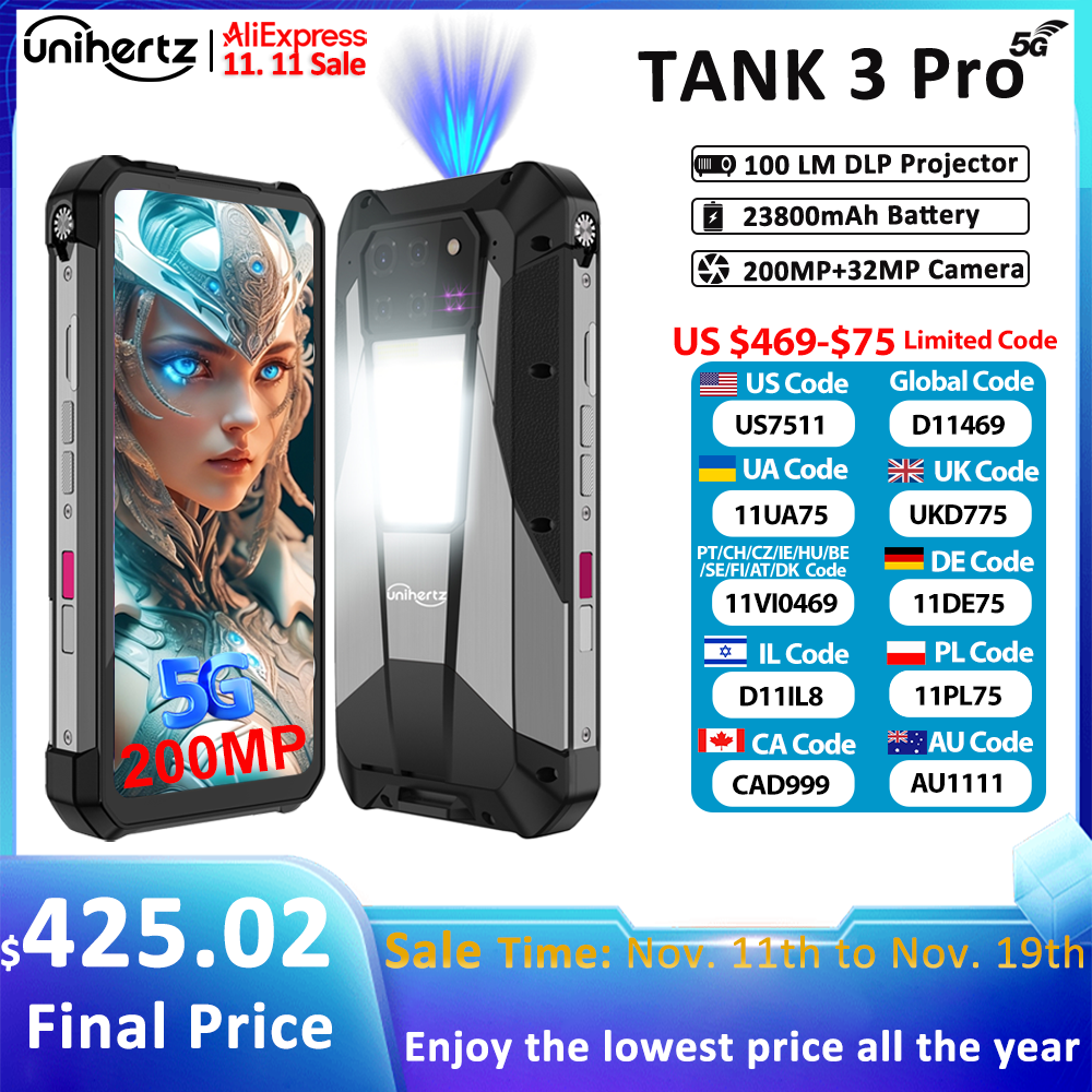 Unihertz Tank 3 Pro 8849 con proyector de 100 lúmenes 120 Hz, 32 GB/36 GB de RAM, 512 GB de ROM, cargador rápido de 23800 mAh 120 W, 5G, cámara de 200 MP