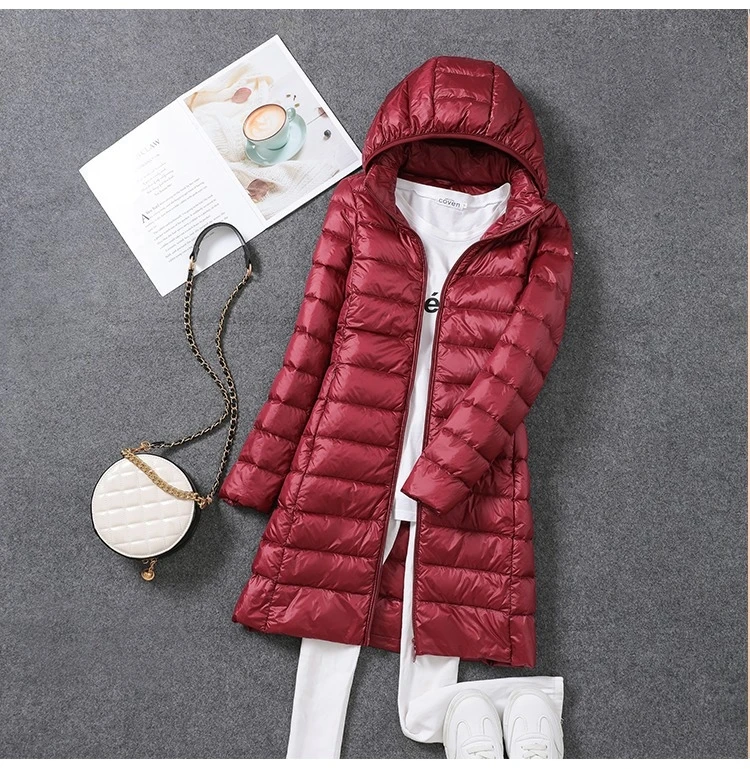 2024 frauen Frühling Jacke Ultraleicht Dünne Packable Unten Lange Jacke Weibliche Hut Abnehmbare Slim Fit Rock Mantel Tragbare Outwear