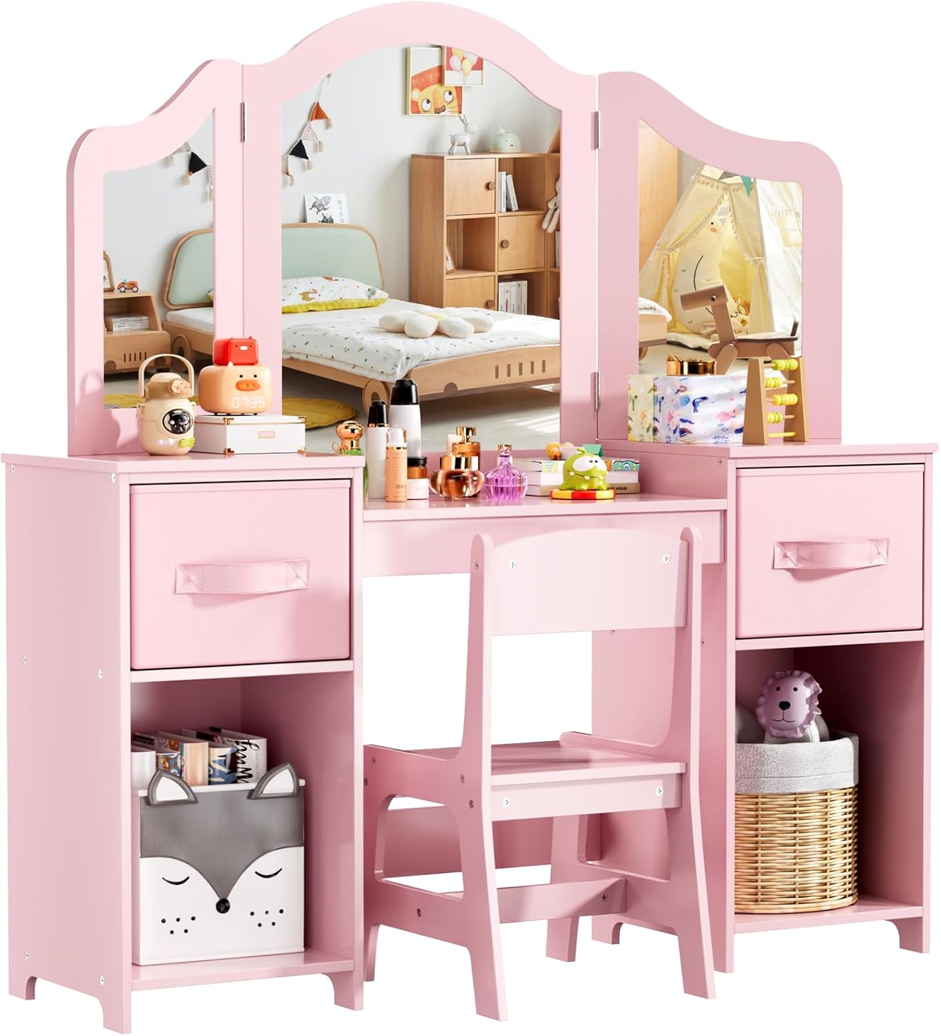 Children's Dressing Table Set,Kids Vanity Table Set,Girls Makeup Dressing Desk Chair,with Removable Mirror,Pink