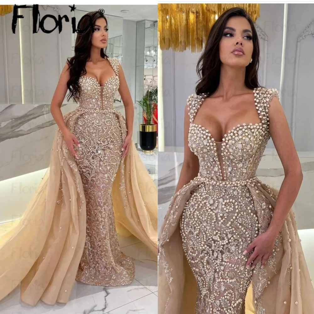 2025 แชมเปญ Queen Anne Party Dress ที่ถอดออกได้รถไฟที่กําหนดเองตะวันออกกลางชุดราตรีอย่างเป็นทางการหรูหราลูกปัด