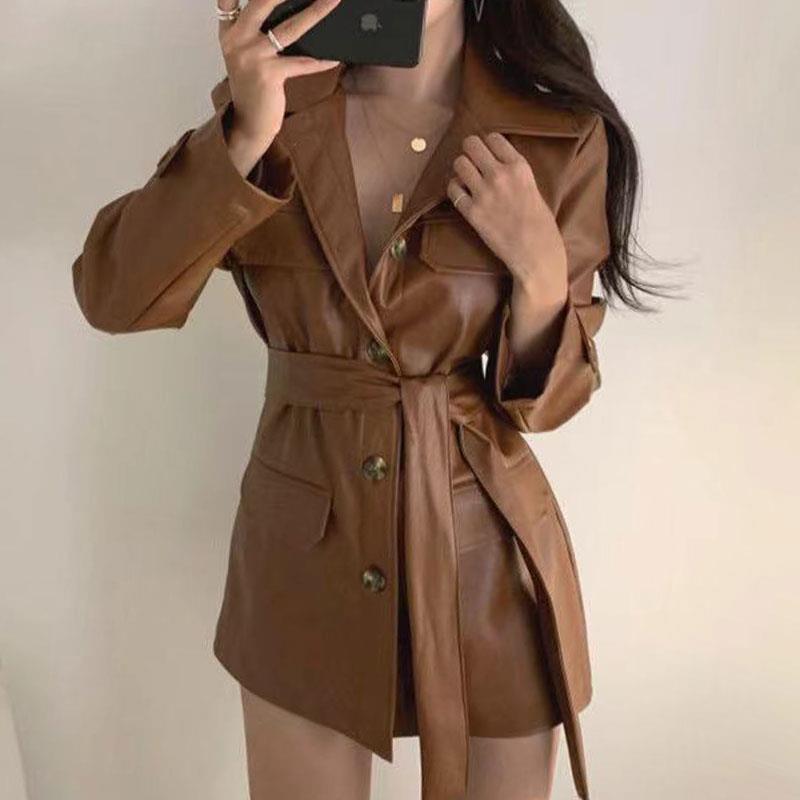 Slish Retro Deep Brown PU Leather Jacket Belted Mid-Length Biker Coat Women's Fashionable Outerwear Autumn Winter Coat