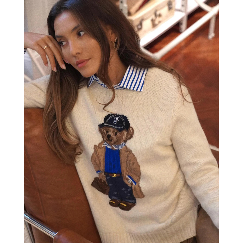 โครเชต์หมีถักเสื้อกันหนาวผู้หญิง Jacquard เสื้อถัก 2024 ฤดูใบไม้ร่วงฤดูหนาว RL Tops Coat Luxury Designer ยี่ห้อ Lauren เสื้อผ้า