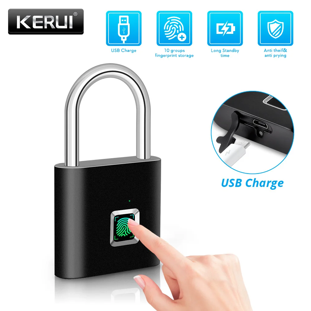 KERUI Smart Fingerprint Padlock Waterproof Fingerprint Keyless Door Lock USB Rechargeable Security Padlock for House