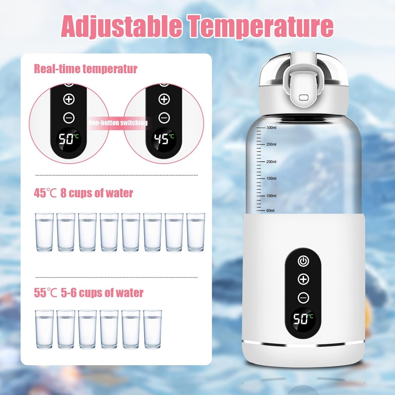 Inteligentna przenośna butelka do podgrzewania dla niemowląt z wyświetlaczem temperatury, szklana, siedząca, 450 ml, ładowanie USB