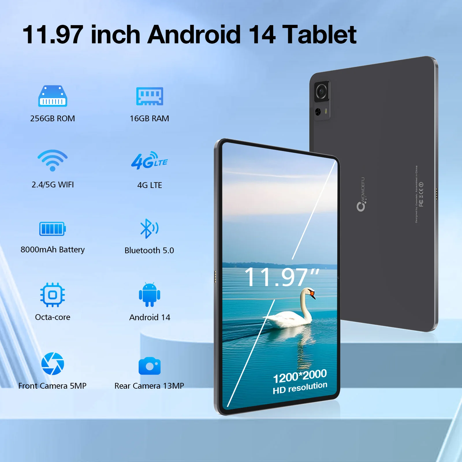 P51L Android 14 Tablet 11,97 Zoll, UNISOC T616 Octa Core, 16 GB RAM + 256 GB ROM/TF 1 TB, Widevine L1 2K FHD Cellular Tablet mit Dual-SIM-Steckplatz, 8800 mAh, 13 MP Kameras, Quad-Lautsprecher, 5G WiFi GPS PC-ähnlich