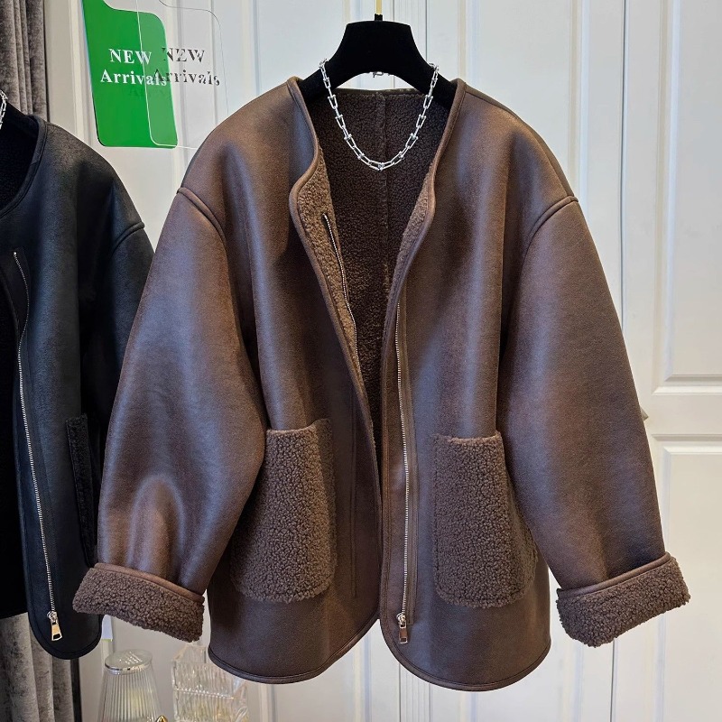 Super süßer Damen-Reißverschluss-Pelz-Patchwork-Einteiler mit Rundhalsausschnitt, warmer, lässiger Winter-Bestseller-Mäntel und Jacken für Damen